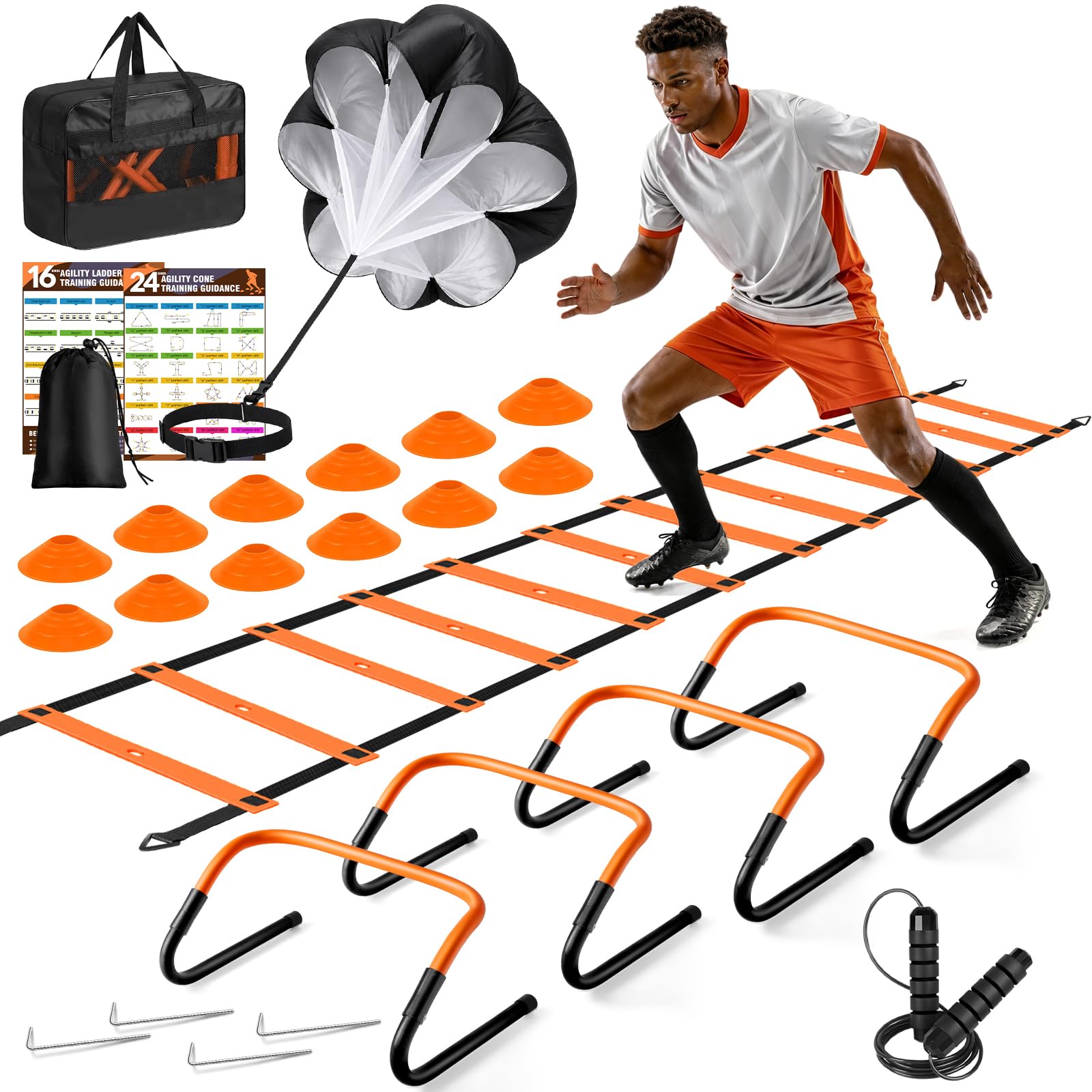 Agility Ladder, Soccer Football Training Equipment Agility & Speed Training | 20ft Ladder,4 Adjustable Hurdles, Parachute, Cones & Jump Rope, Basketball Football Accessories football gear