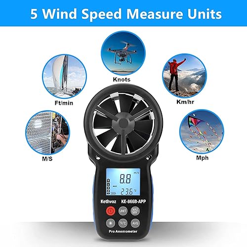 Miniatura 6 de Anemómetro digital medidor de velocidad del viento, anemómetro Kethvoz con Bluetooth, medidor de velocidad de viento con registrador de datos,