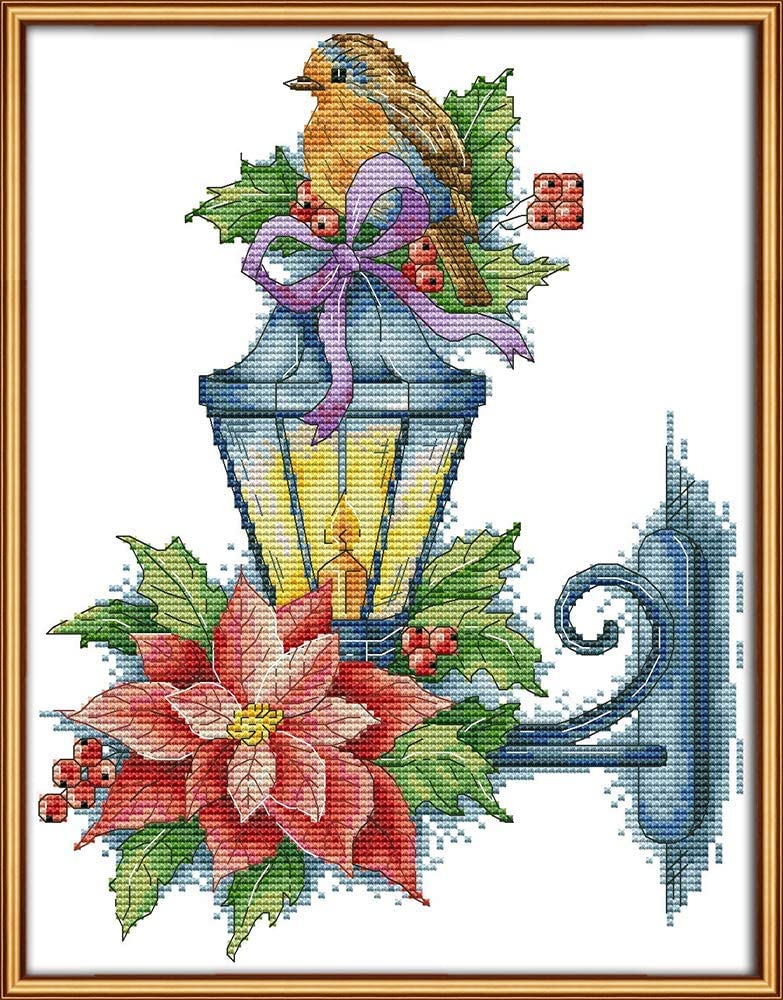 ABEUTY Cross Stitch Kits Bird on Light for Adults Pre Printed or NOT, DIY 14 Count Embroidery Sewing Starter Kit Stamped or Unstamped DMC Needlework Easy Beginners (Stamped)