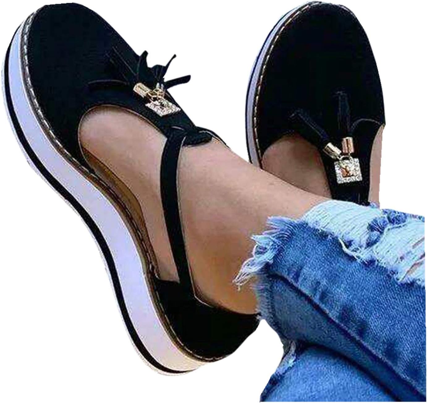 Cenglings Platform Sandals,Women's Tassel Round Toe Hollow Out T-Strap Wedge Sandals Buckle Ankle Strap Casual Beach Sneakers