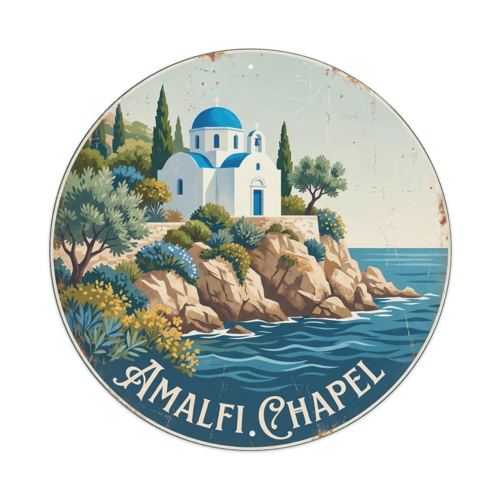 Vintage Travel Italy Coastal Chapel Landmark Metal Tin Sign Plaque Wall Decor for Cafe, Club, Garden Round Metal Poster 8x8Inch
