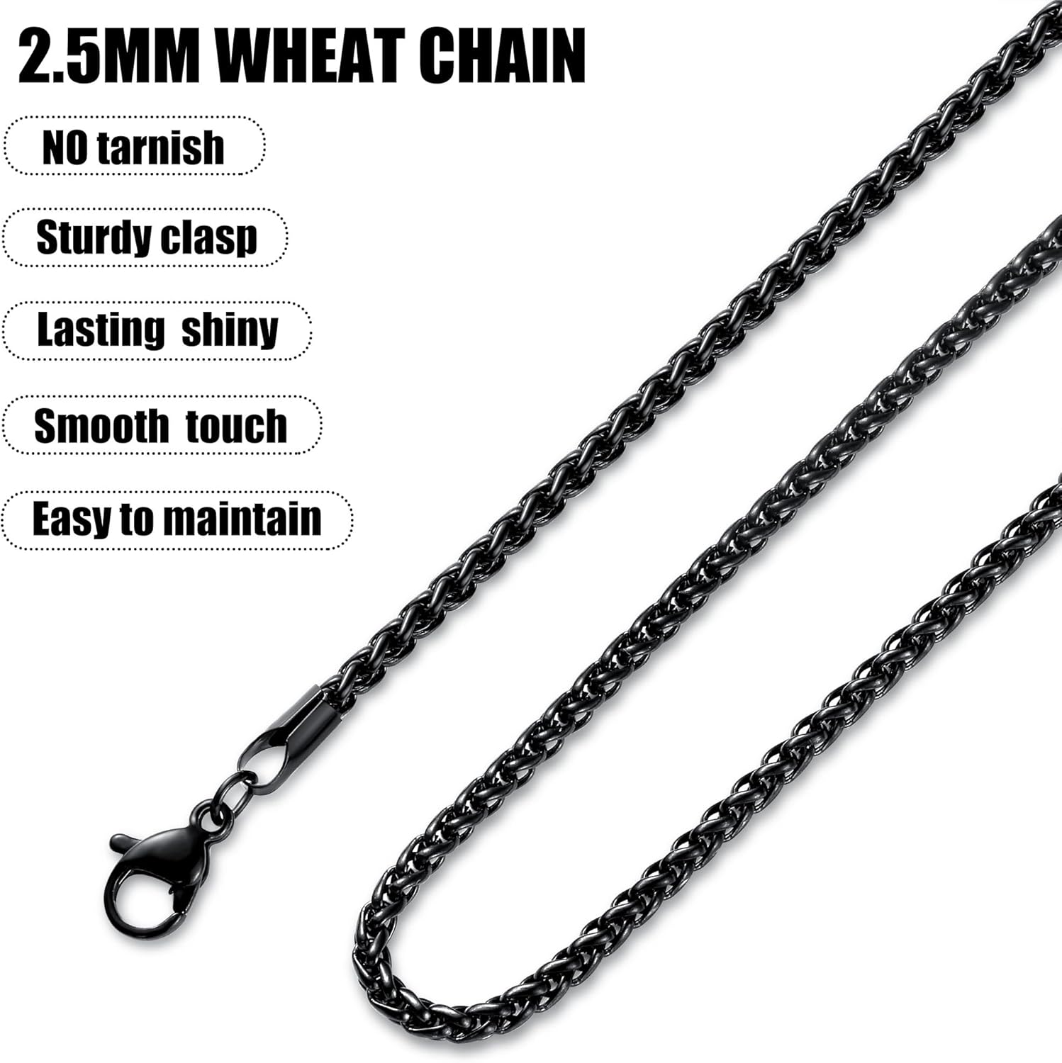 Fiusem Black Wheat Chains for Men and Women, 2/2.5/3/4/5mm Stainless Steel Necklace Chain, Mens Necklace Jewelry Gift 16-28 Inch - Image 5