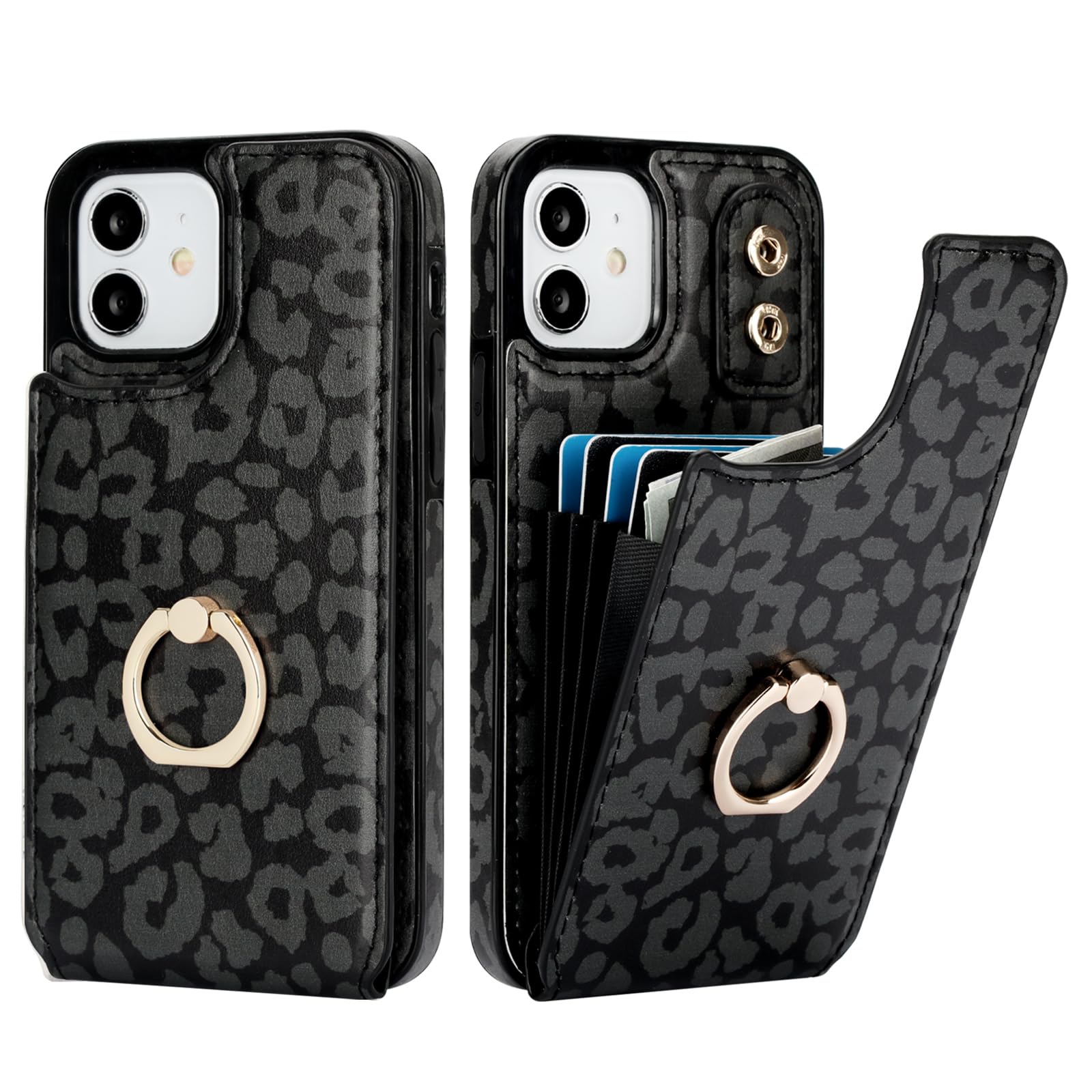 HAOPINSH for iPhone 12/ iPhone 12 Pro Wallet Case with Card Holder, 360°Rotation Ring Kickstand, Black Leopard Pattern, RFID Blocking Leather for