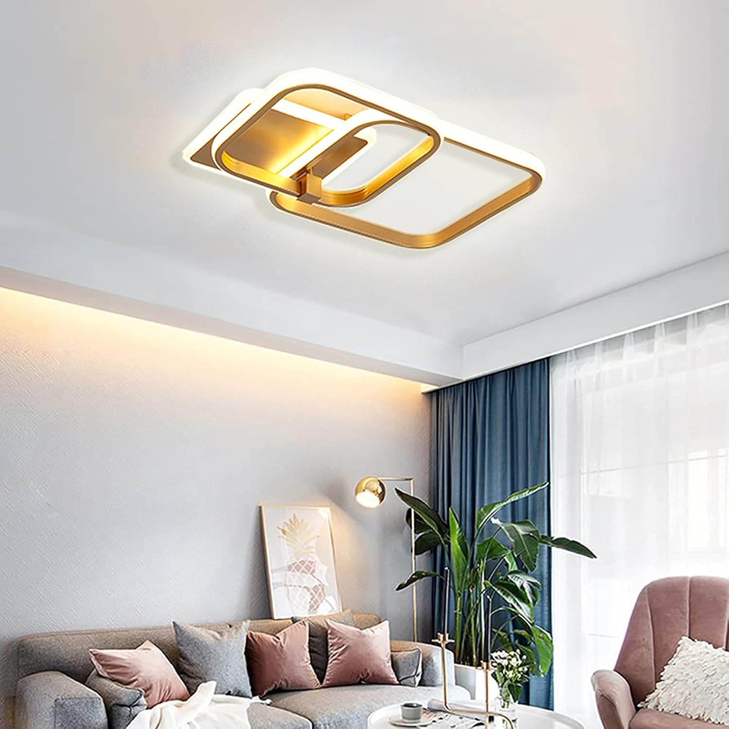 Modern LED Ceiling Light, 50W Flush Mount Ceiling Lamp Gold Geometric Square Ceiling Lighting Fixture for Living Room Bedroom Dining Room, 6000K Cool White