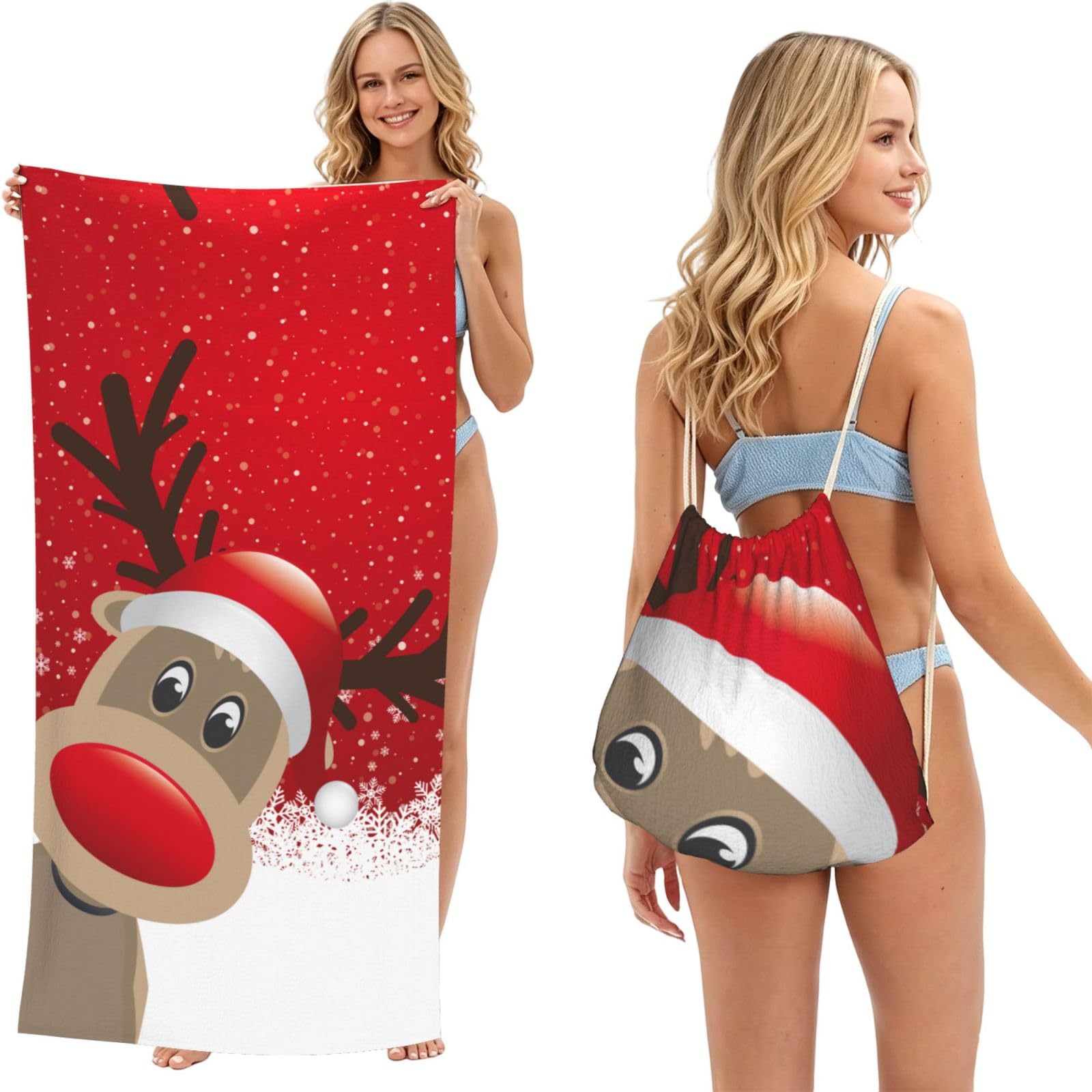 ESNAIUVCD Merry Christmas Cute Cartoon Elk Print Beach Towel For Adults,Towel With Drawstring Bag, Travel Pool Swimming Sports Shower Sand Free Quick Dry Bath Towel For Pool, Beach, Yoga- 180x60cm