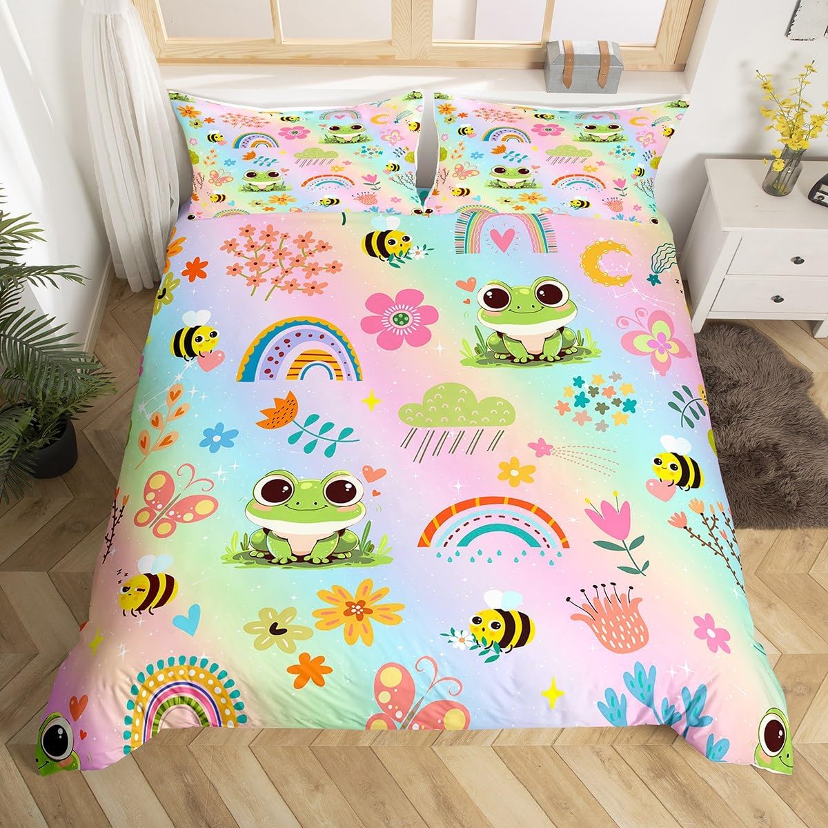 Cartoon Frog Duvet Cover Set Toddler Size,Cute Honey Bee Butterfly Rainbow Flowers Bedding Set,Girls Women Room Decor,Wild Animal Rustic Comforter Cover,Colorful Quilt Cover,1 Pillowcase(No Filler)