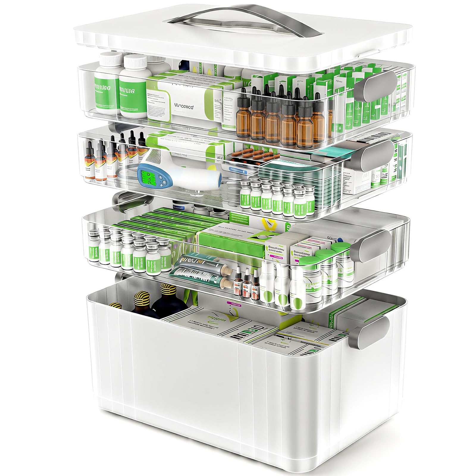 Photo 1 of ARSTPEOE 4-Tier Medicine Organizer - Portable Medicine Cabinet with Plastic Handle, Multipurpose Medical Box, Empty First Aid Kit for Home