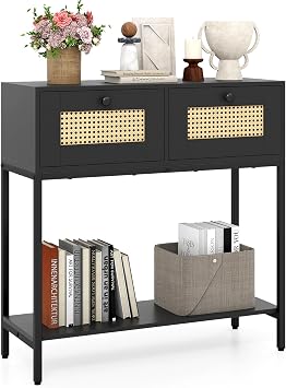GOFLAME Rattan Console Table, Boho Entryway Table with 2 Drawers & Open Storage Shelf, Narrow Long Sofa Table with Metal Legs, Foyer Table Behind Couch Table for Living Room, Hallway, Black