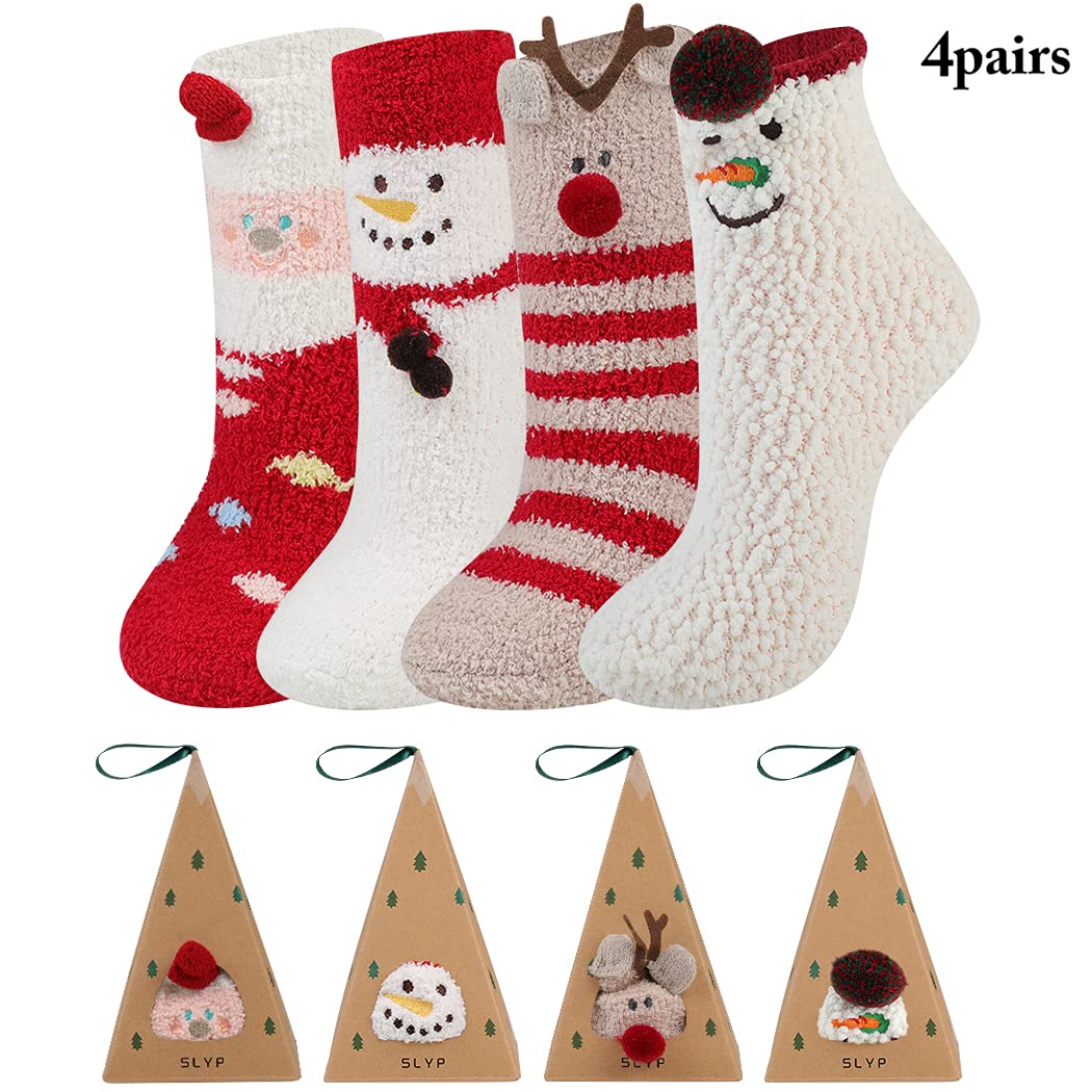 4 Paar Weihnachts-Socken für Frauen, Elch-Schneemann-gestreifte fuzzy Crew-Socken, warme flauschige Socken mit gestreiftem Muster, inklusive Grußkarte, ideale Geschenkidee für die Weihnachtszeit