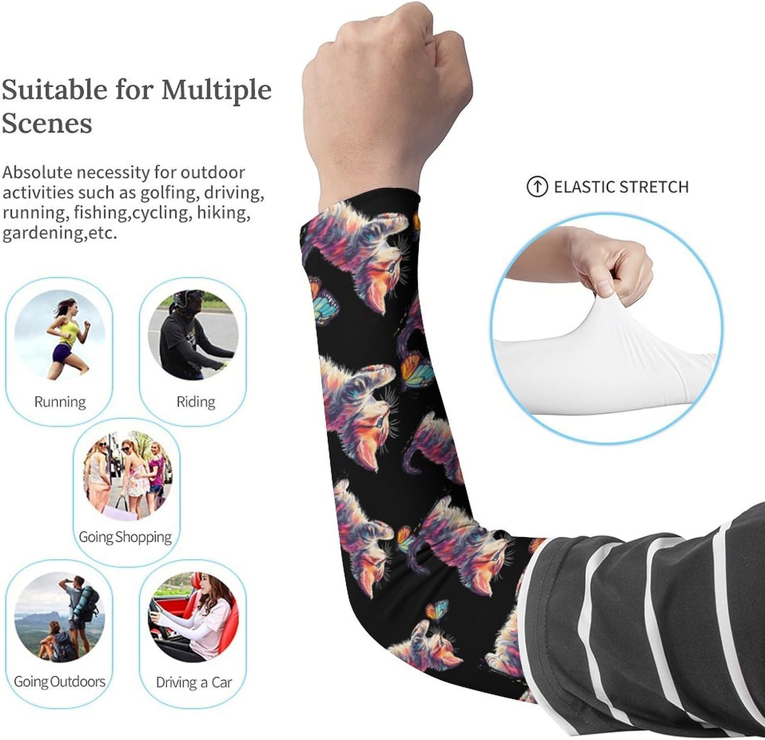 Cute Cat Playing Butterflies Arm Sleeves Sun Protection Sleeves Sports Cooling Arm Compression Sleeve for Men Women