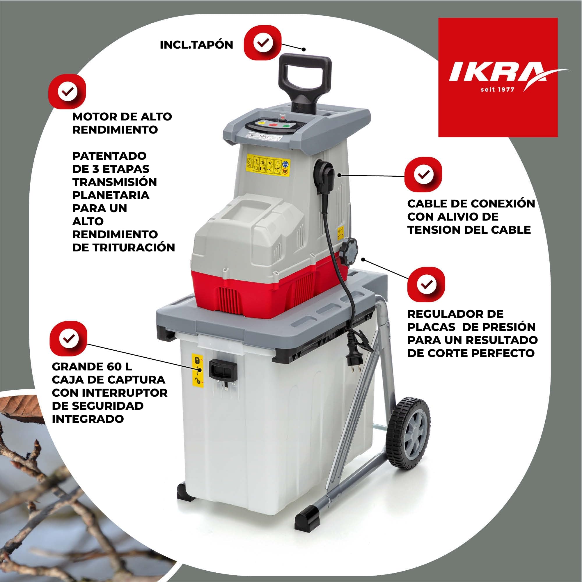 IKRA trituradora eléctrica ILH 3200 A: silenciosa, robusta, bajo mantenimiento, potente 3200 W, grosor de ramas hasta 44 mm