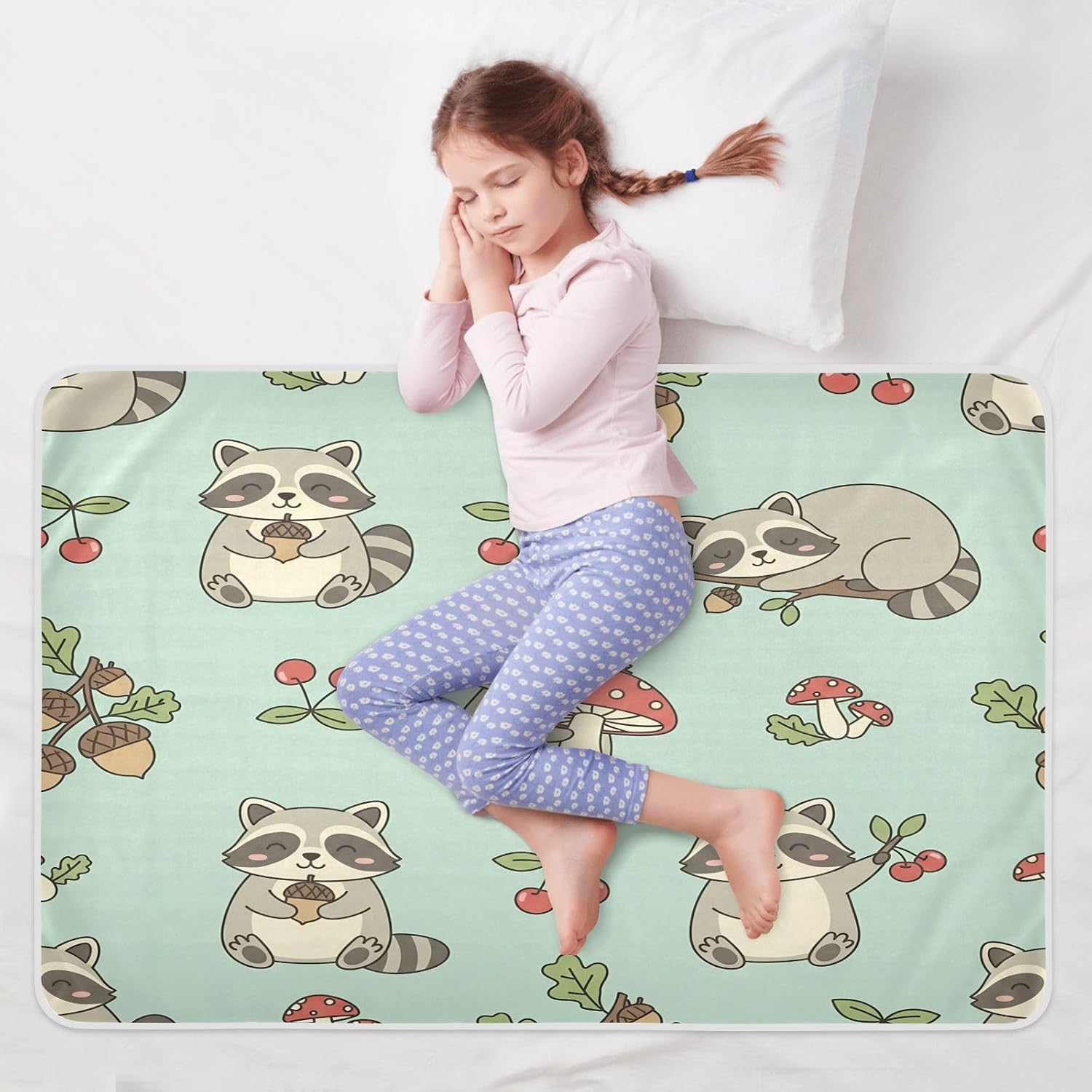 CEBUGI 34” x 52”Washable Underpads Heavy Absorbency Waterproof Incontinence Bed Pads Raccoon Mushroom Pee Pads for Adults Kids and Baby
