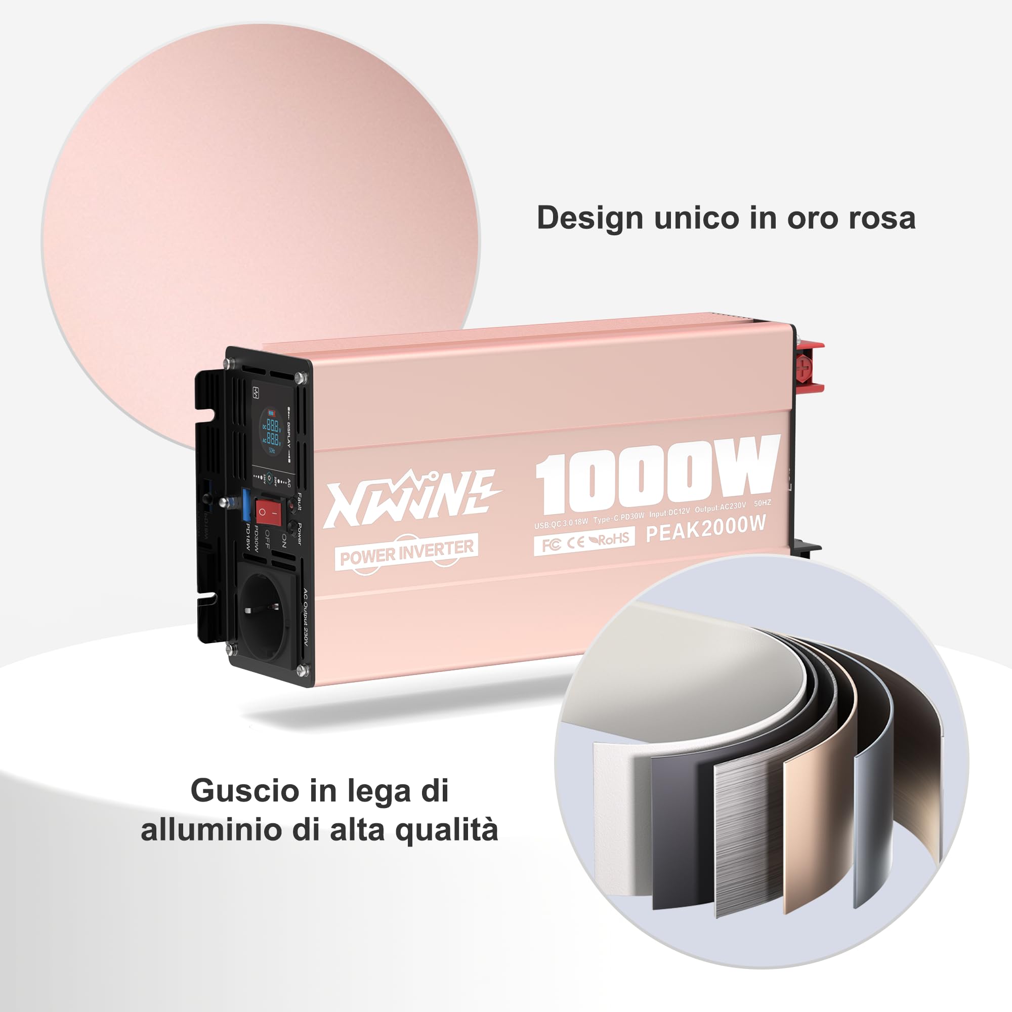 XWJNE Inverter 12V 220V/230V Onda Sinusoidale Pura 1000W, Convertitore di Tensione con 1 Presa CA, 1 Porte USB-A e 1 Porte USB-C, Display LCD, Telecomando 5M, per Camper, Camion, Casa e Emergenza
