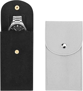 Bekecidi 2PCS Watch Pouch, Portable Flannelette Watch Storage Bag Single Watch Travel Case Travel Watch Pouch with Snap Button for Men and Women Black+Gray