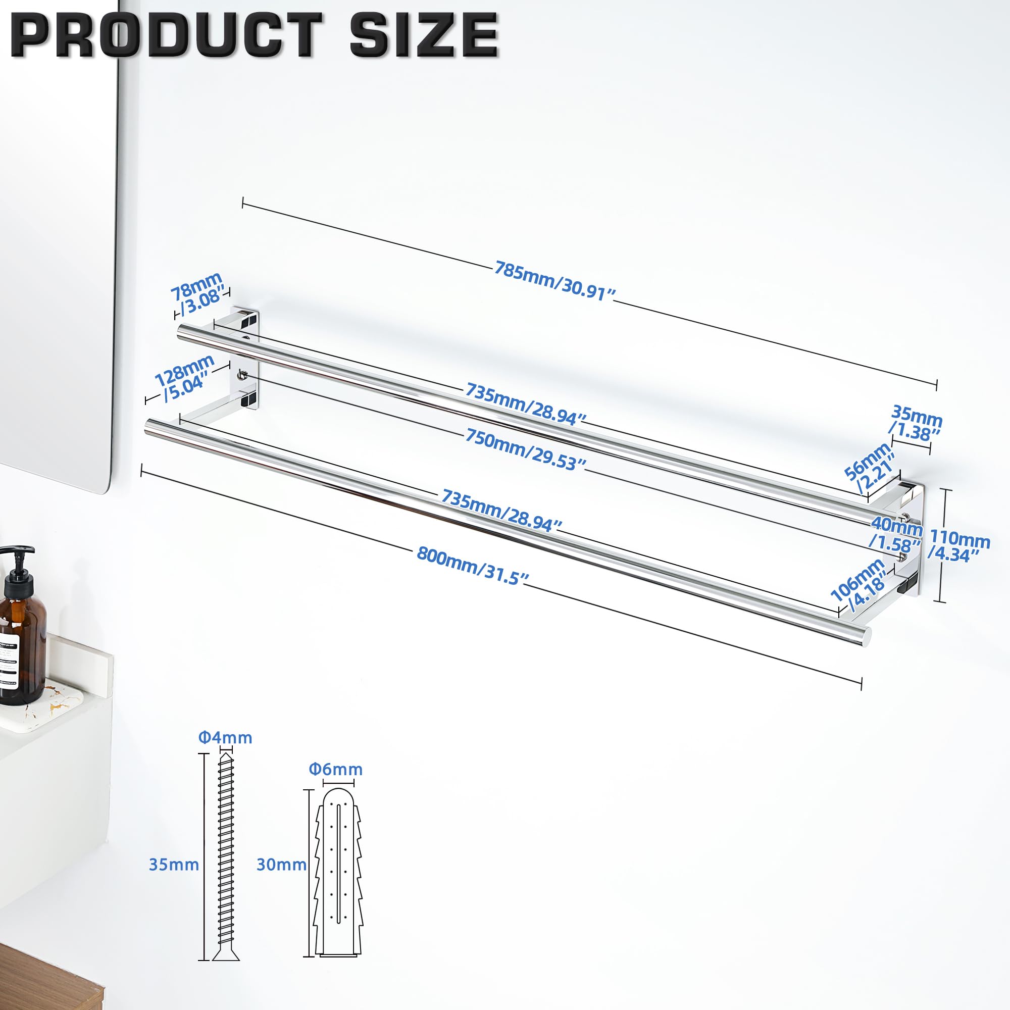 Mooche Towel Rail,Bathroom Towel Rail Wall Mounted, Double Towel Rack for Bathroom,SUS304 Stainless Steel 800MM Towel Holder - Image 2
