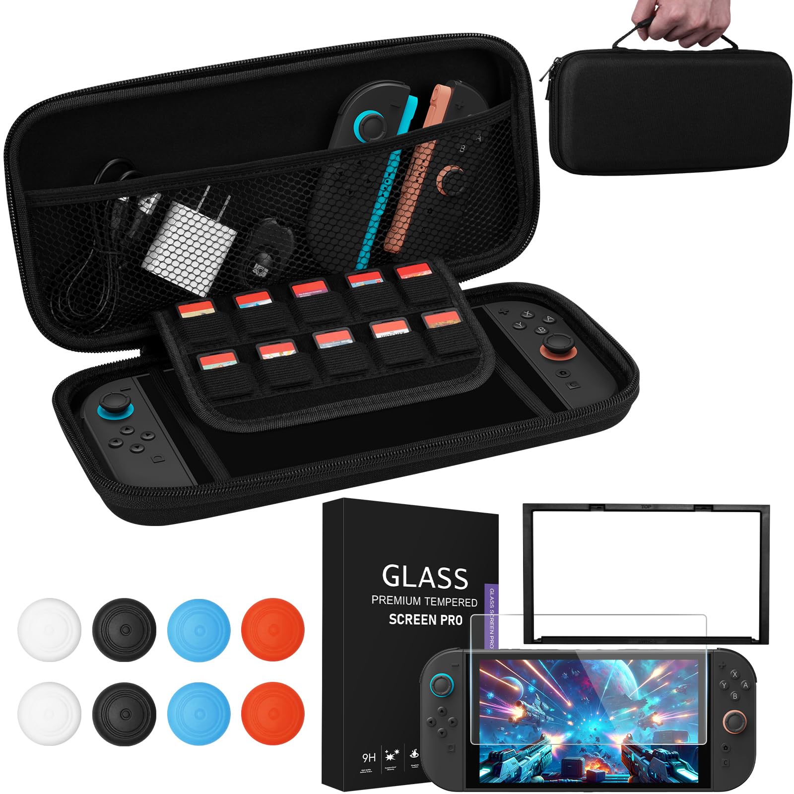 PALPOW Funda Protector Compatible con Nintendo Switch 2 Consola，Estuche rígido y Delgado con Vidrio Templado, 8 agarres para el Pulgar, Kit 10 en 1 para Switch 2, 10 Ranuras para Tarjetas de Juego — view 2