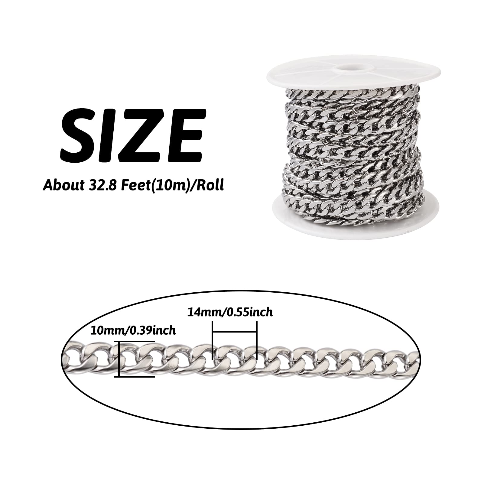 Cheriswelry 32.8 Feet Stainless Steel Cuban Chains 10mm Wide Heavy Chunky Miami Curb Chains with Spool for DIY Hip Hop Jewellery Bracelets Necklaces Making - Image 2