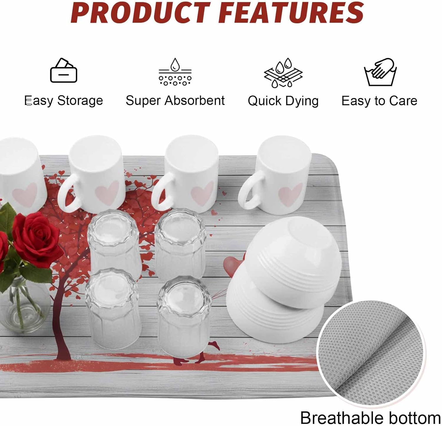 Valentine's Day Lovers on Retro Wood Dish Drying Mats for Kitchen Counter,Absorbent Microfiber Dish Drainer Rack Mat Red Love Heart Tree Drying Pad for Sinks,Utensils,Countertops,18x24in
