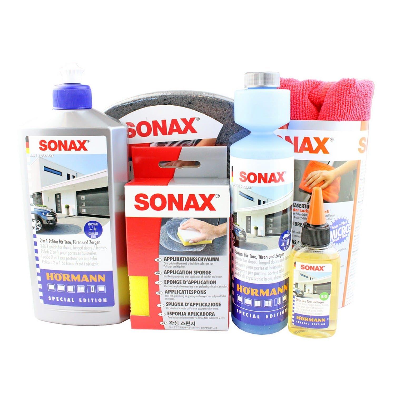 Hörmann SONAX 4020356 zestaw do czyszczenia i pielęgnacji 7-częściowy (500 ml politura 2 w 1, do drzwi i ościeżnic, oleju, ściereczki z mikrofibry, środki czyszczące, 2 x gąbka)