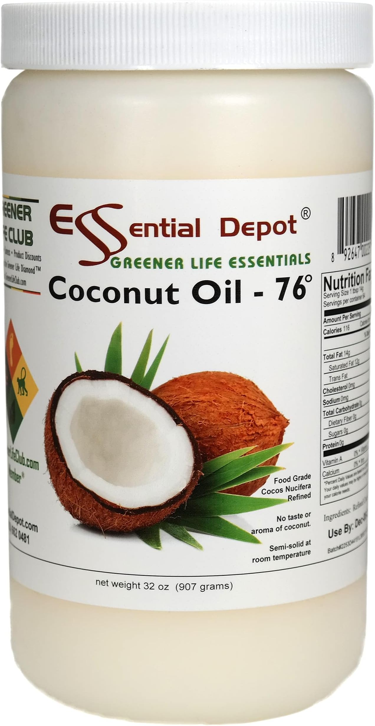 Coconut Oil - 76F - 32 oz in a 1-quart container - No Scent/Odor - also called Coconut Butter - Food Grade - safety sealed HDPE container with resealable lid - microwave-safe (remove foil seal), freezer-safe