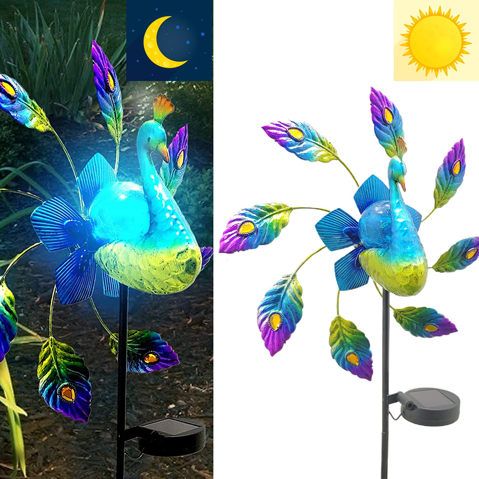 Mcdsaj 40 Inch Peacock Wind Spinner Outdoor Metal,Metal Kinetic Garden Stake Lights Wind Spinners For Patio, Lawn & Garden Decor