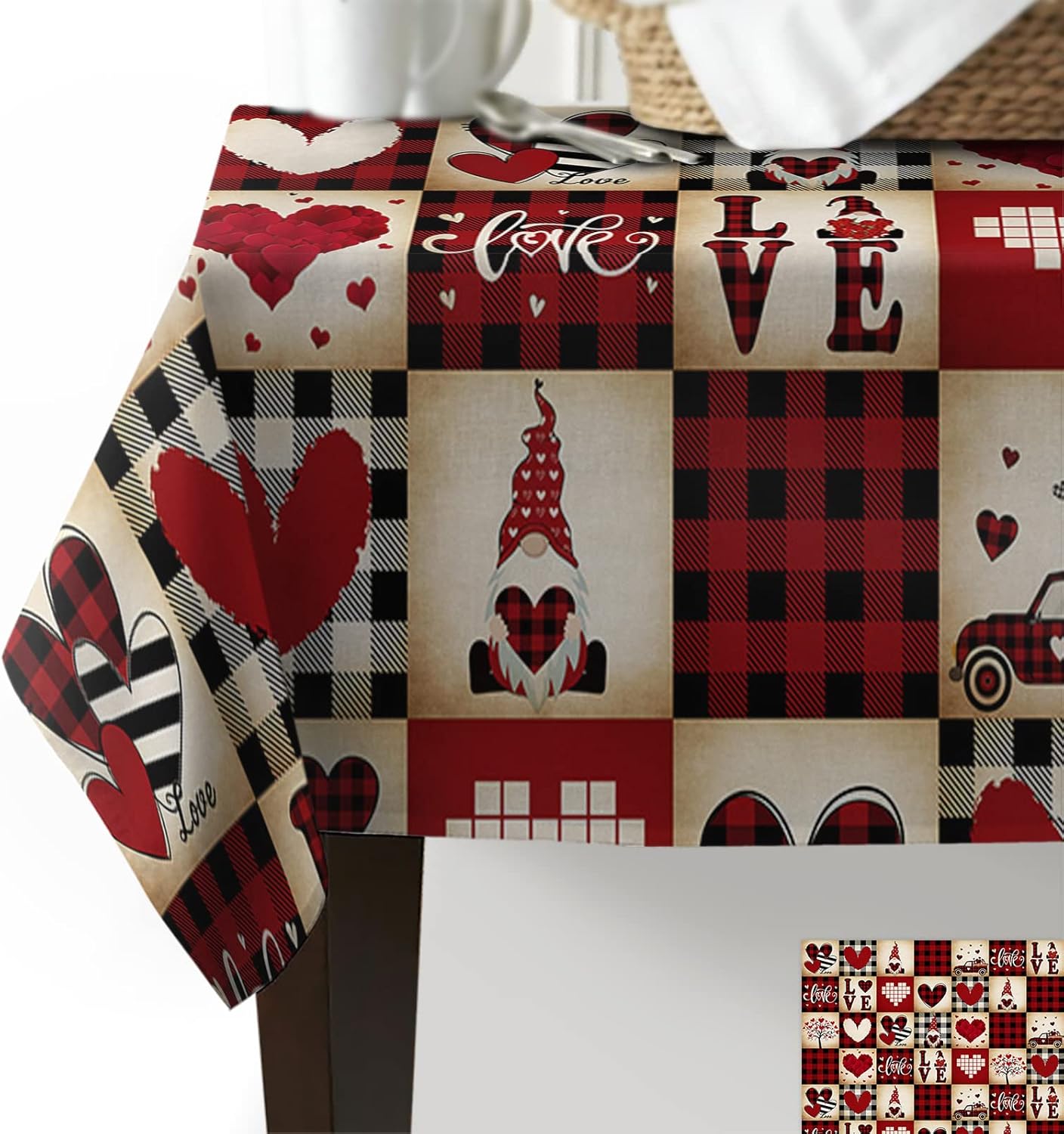 Spring Waterproof Tablecloth Red Love Buffalo Plaid Rectangle Table Cloths Heart Gnome Truck Oil Proof Washable Table Cover for Kitchen Dining/Party/Holiday/Wedding Table