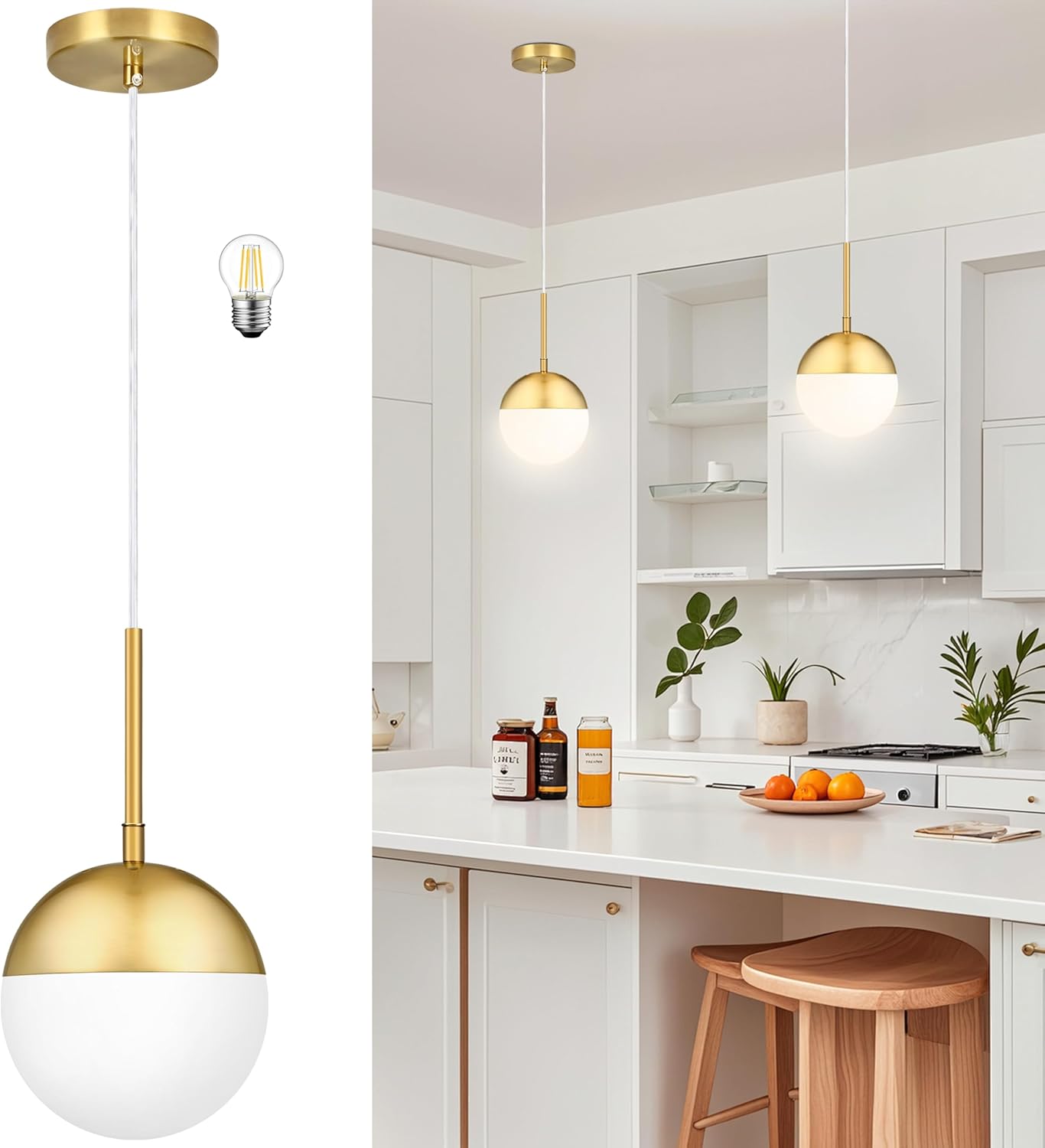 6 Inch Gold Mid Century Modern Pendant Light Pendants for Kitchen Island Frosted Milky White Glass Globe Height-Adjustable Modern Hanging Globe Pendant Light for Bedroom Foyer (Bulb Incl)