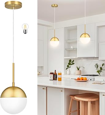 6 Inch Gold Mid Century Modern Pendant Light Pendants for Kitchen Island Frosted Milky White Glass Globe Height-Adjustable Modern Hanging Globe Pendant Light for Bedroom Foyer Bulb Incl