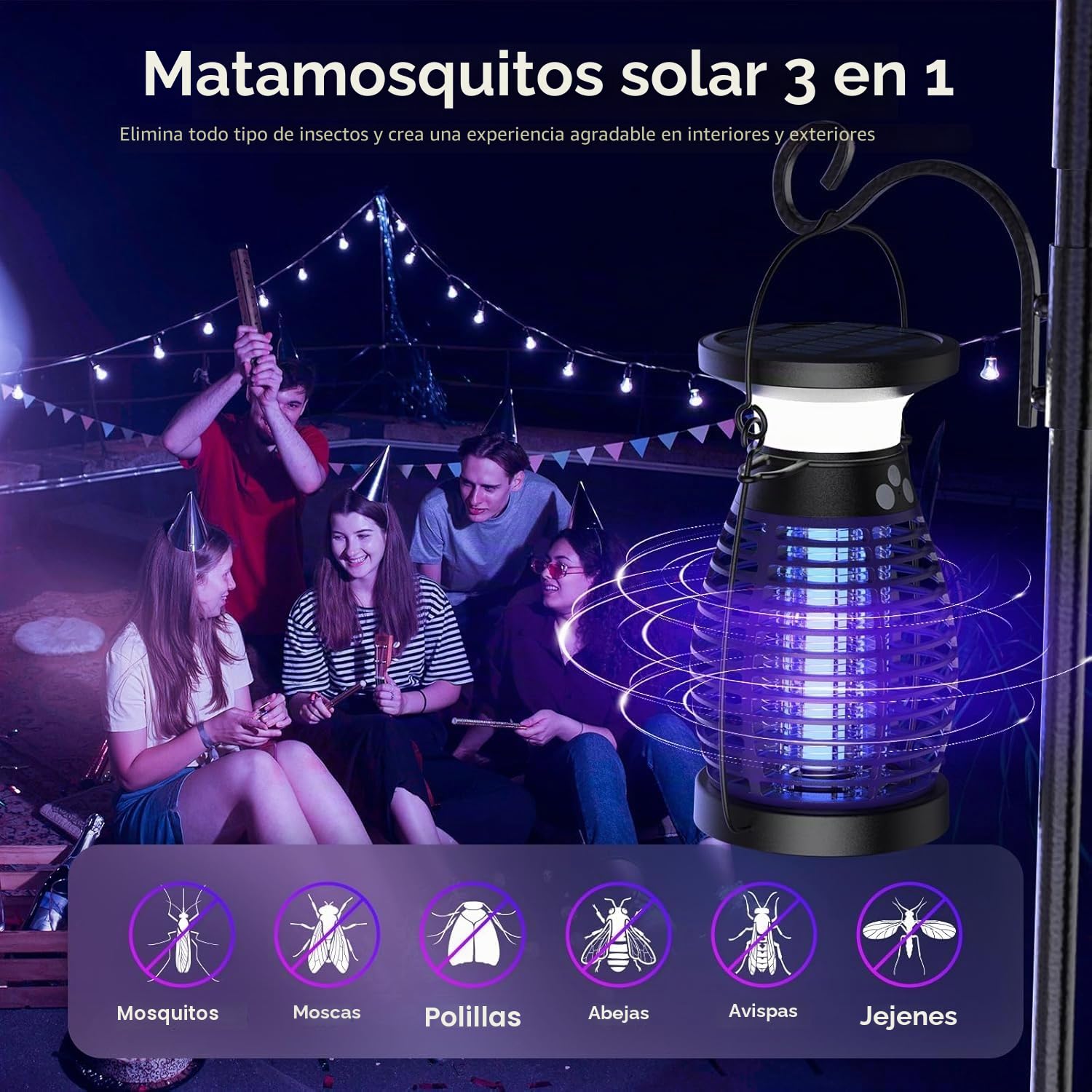 Solar Lampara Antimosquitos, 3 IN 1 UV Mata Mosquitos Electrico, 4200V USB Recargable Lampara Mosquitos IP66 Impermeable Trampa Moscas para Oficina Dormitorio Cocina Jardín Camping (Morado)