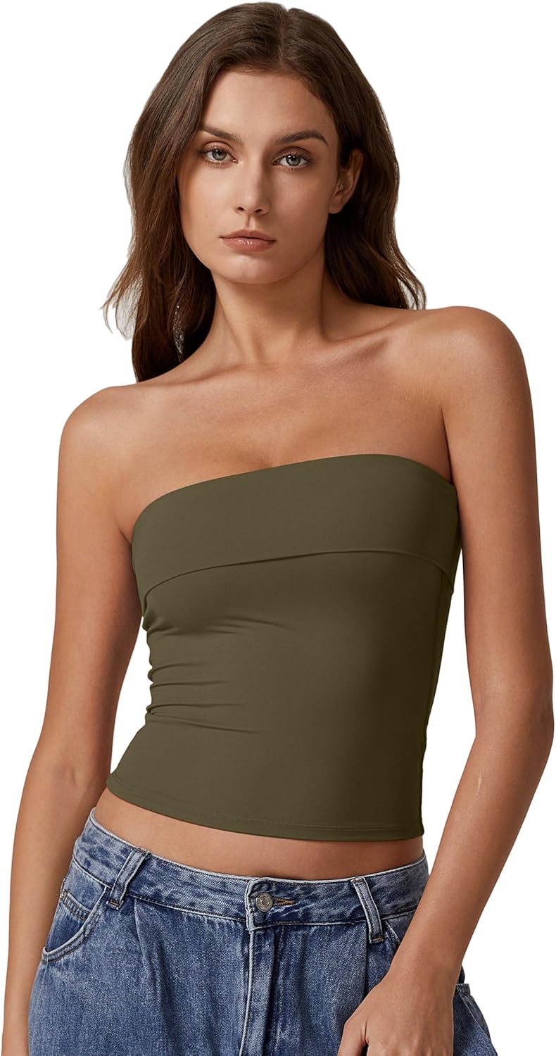 QINSEN Women's Tube Tops Strapless Bandeau Tops Double Lined Slim Fit Summer Going Out Tank Tops - Image 4