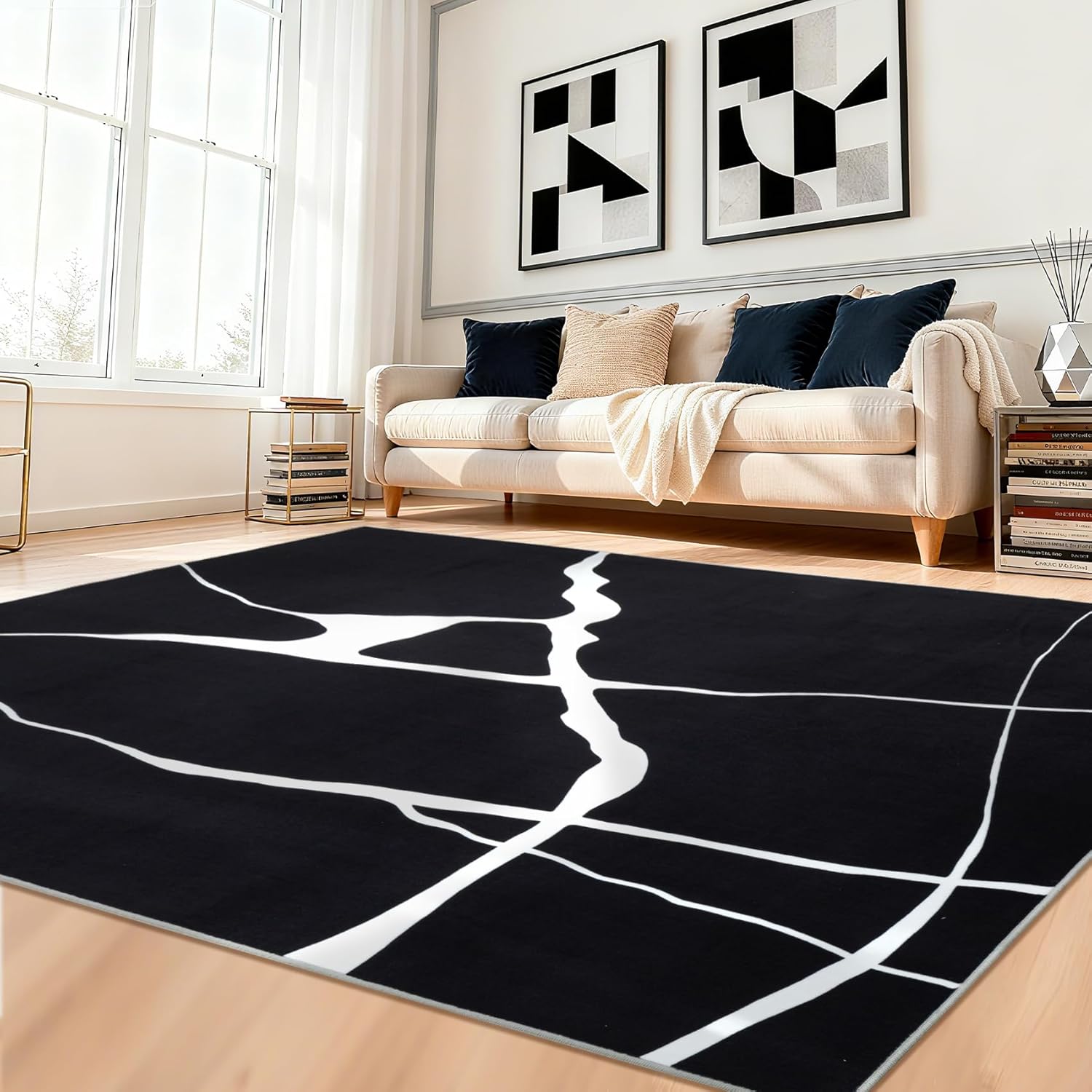 YIHOUSE Abstract Washable Rug 5x7,Ultra Thin Non Slip Black Rugs for Living Room,Modern Minimalist White Stripe Rugs for Bedroom,Dining Room Office Playroom (5'x7',Black-1)