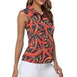 Irisjudy Love to Golf Print Women Sleeveless Golf Polo Shirt Hawaii Tropical Plant Zip Tennis Tank Tops Mandala Sport Shirts