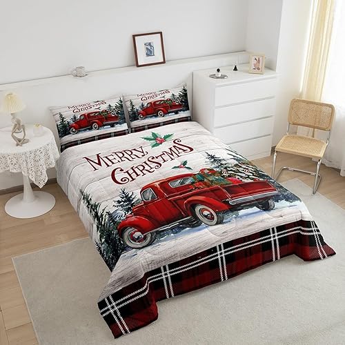 Miniatura 3 de Juego de edredón de Feliz Navidad, tamaño Queen, juego de edredón vintage de camión de Navidad rojo y negro, juego de ropa de cama de 3 piezas para