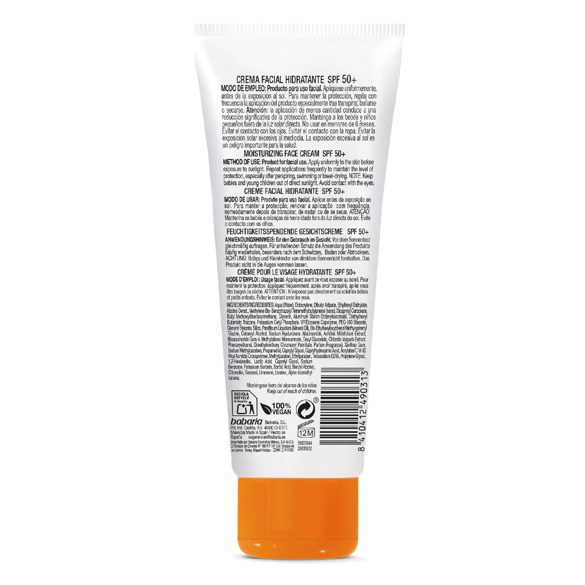 Babaria Crema Solar Facial SPF50+ con Ácido Hialurónico 75 ml – Hidratante, Antiarrugas y Antimanchas | Protector Solar 50 Facial UVA UVB e Infrarrojos