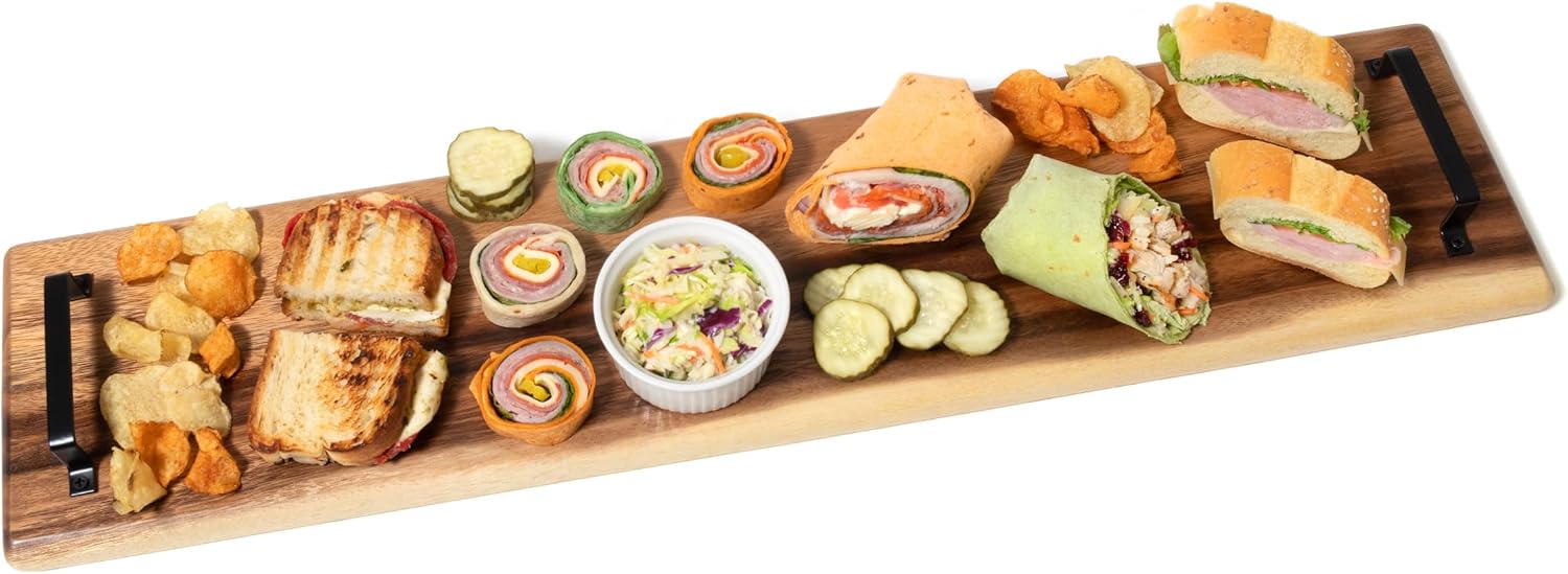 Lipper International 2031 Acacia Wood Serve Board with Black Handles for Cheese, Crackers, and Charcuterie, Rectangular 30" x 7" x 1"
