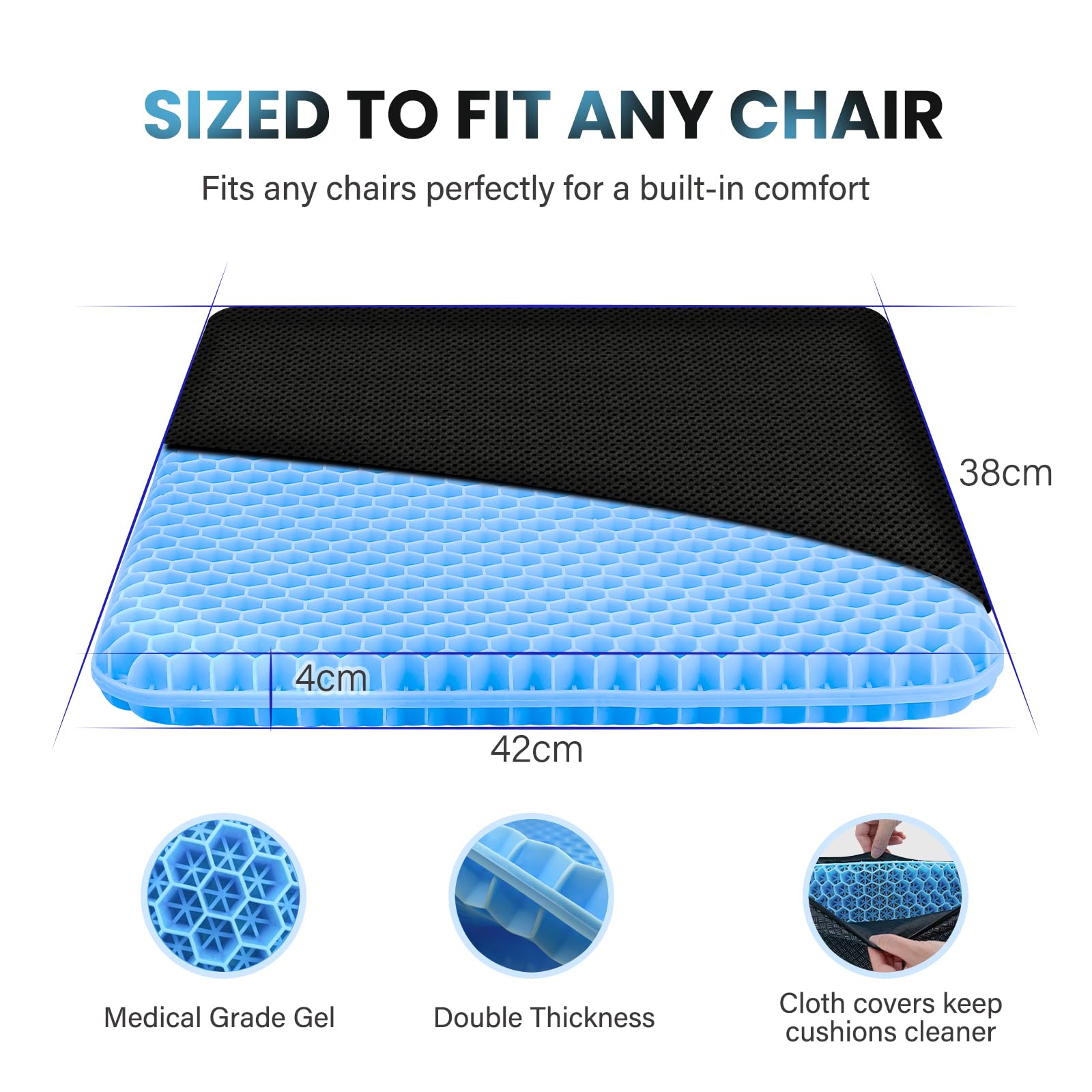 Cuscino per seduta in gel, per sedia da ufficio, comodo e traspirante, adatto per auto, ufficio, casa, sedia a rotelle, con fodera lavabile, per stare comodi e freschi (Azzurro, 44cm*39cm*4cm)