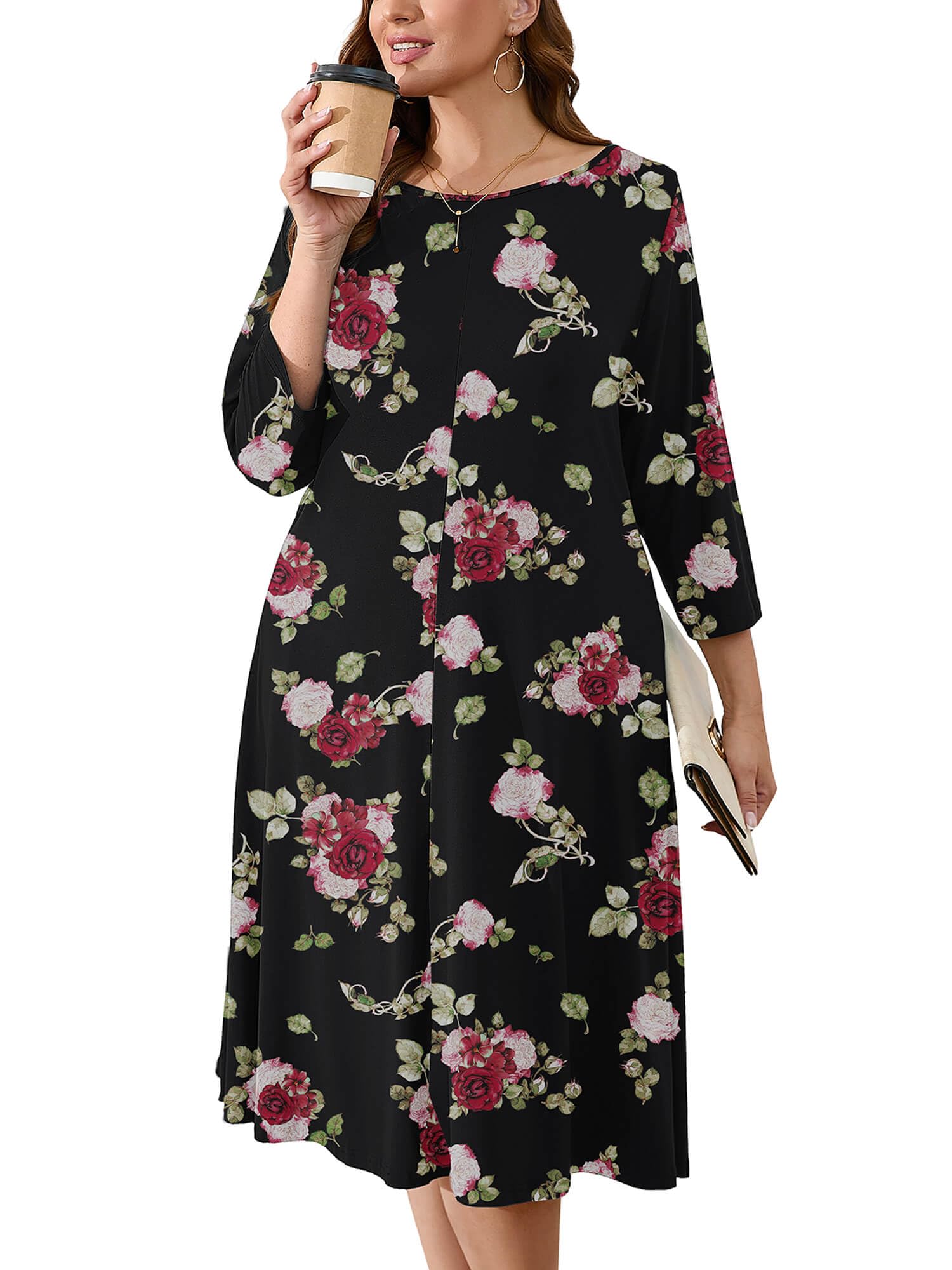 AusLook Women's Plus Midi Dresses 3/4 Sleeves Crew Neck A Line Loose Casual Elegant Wedding Guest Vacation Dress with Pockets