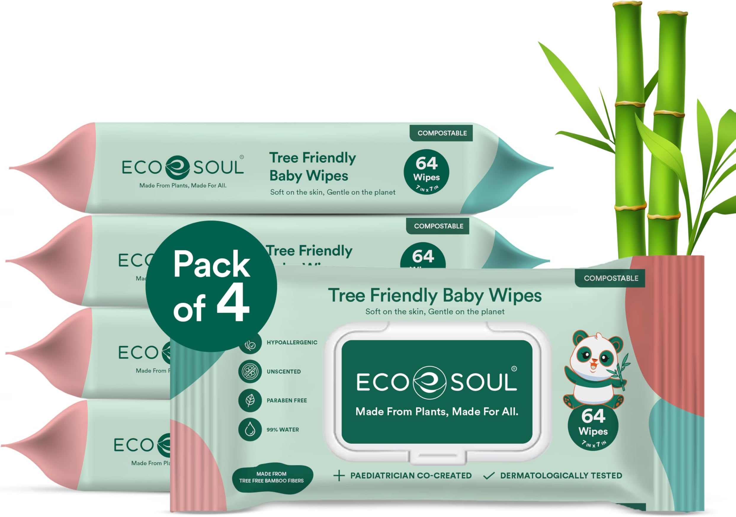 ECO SOUL [256 Pulls] Tree-Free Baby Wipes | Pack of 4 (64 Pulls Per Pack) | Ultrasoft Moisturizing Wet Wipes |Eco-Friendly, Natural, Biodegradable | Everyday Baby Wipes