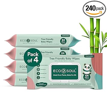 ECO SOUL [256 Pulls] Tree-Free Baby Wipes | Pack of 4 (64 Pulls Per Pack) | Ultrasoft Moisturizing Wet Wipes |Eco-Friendly, Natural, Biodegradable | Everyday Baby Wipes