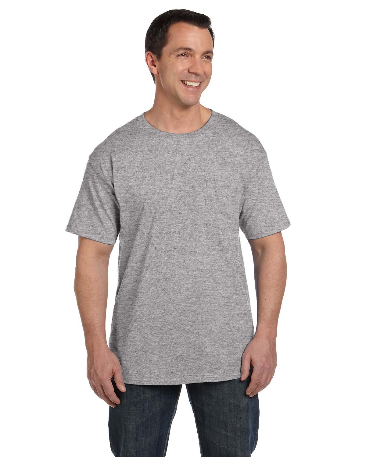 Hanes Camiseta de algodón Pesado con Bolsillo para Hombre, de Corte Completo, Paquete de 1 o 2 Unidades, Acero Ligero - 1 Paquete, Large