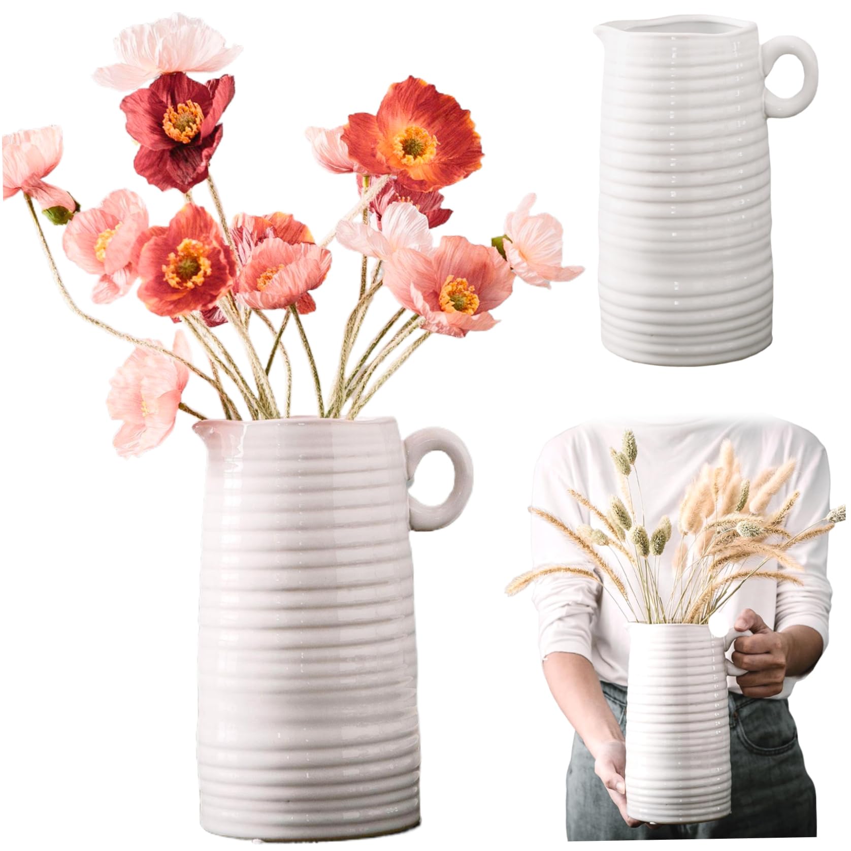 Vaso in ceramica bianca, vaso da 8 brocche alte con manico Brocca per il latte decorativa in ceramica strutturata moderna rustica stile rustico stile rustico per tavolo da pranzo Fiori.