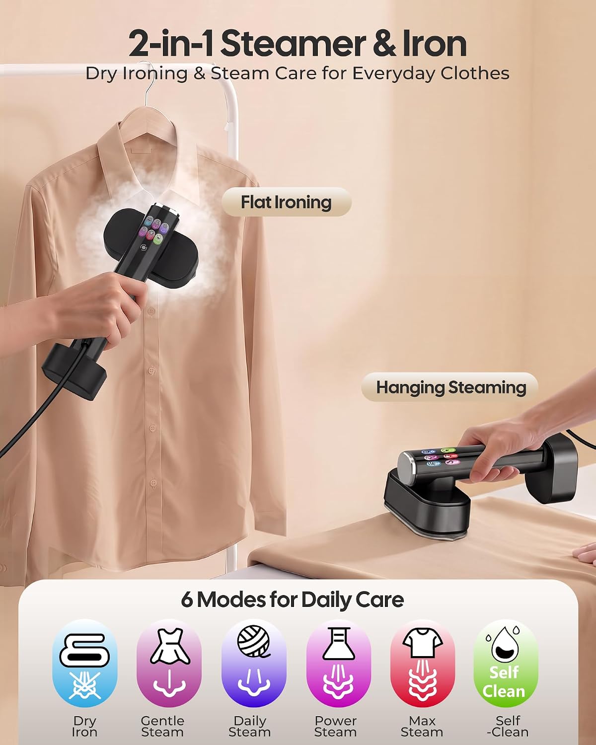 Travel Steamer for Clothes, 2-in-1 Handheld Garment Steamer & Iron, Black | 15s Fast Heat-Up, 1200W, No-Leak Portable Steamer with Ceramic Heat Panel, Fast Wrinkle Removal for Home & Travel, 110-120V