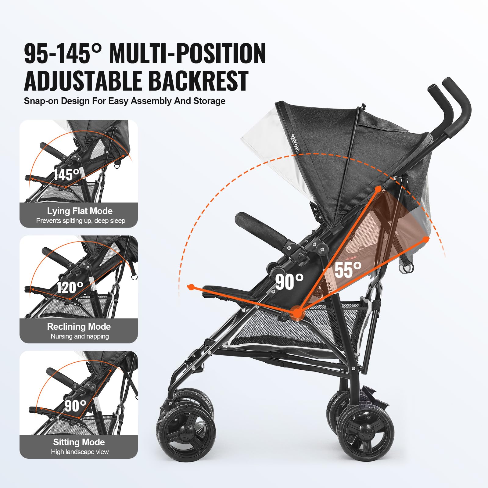 VEVOR Poussette légère pour bébé, poussette pour tout-petit compacte avec dossier inclinable multipositions, cadre en acier au carbone, grand panier de rangement, pour nouveau-né, voyage, noir blanc