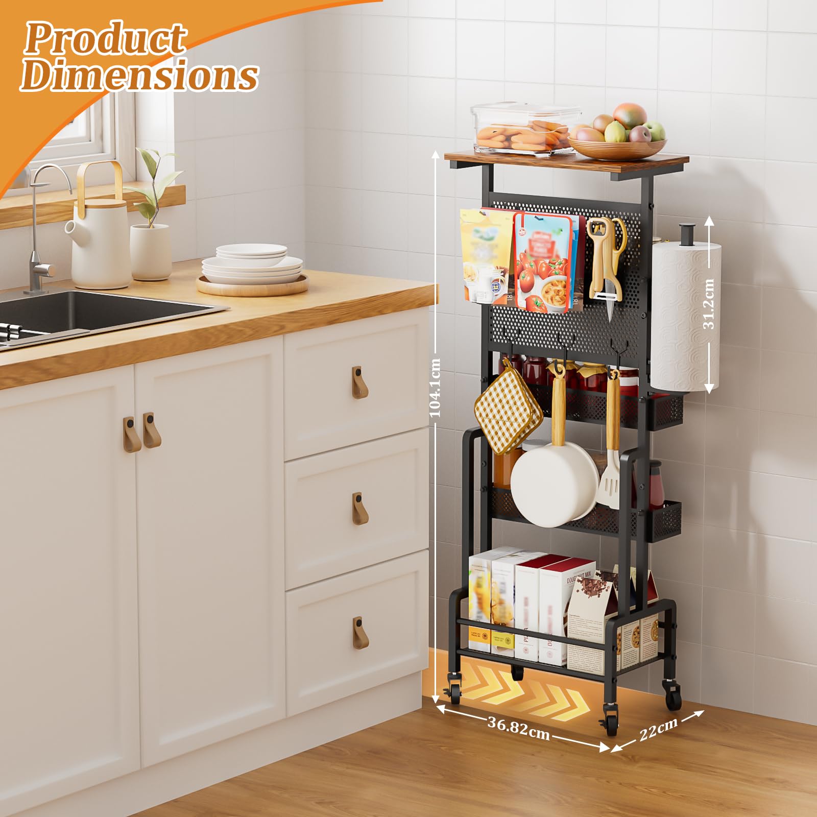Carrito de Almacenamiento Estrecho - Carro con Ruedas y Tapa de Madera | Organizador estrecho con panel perforado, 6 ganchos y portarrollos de cocina. Estantería fina antivuelco.