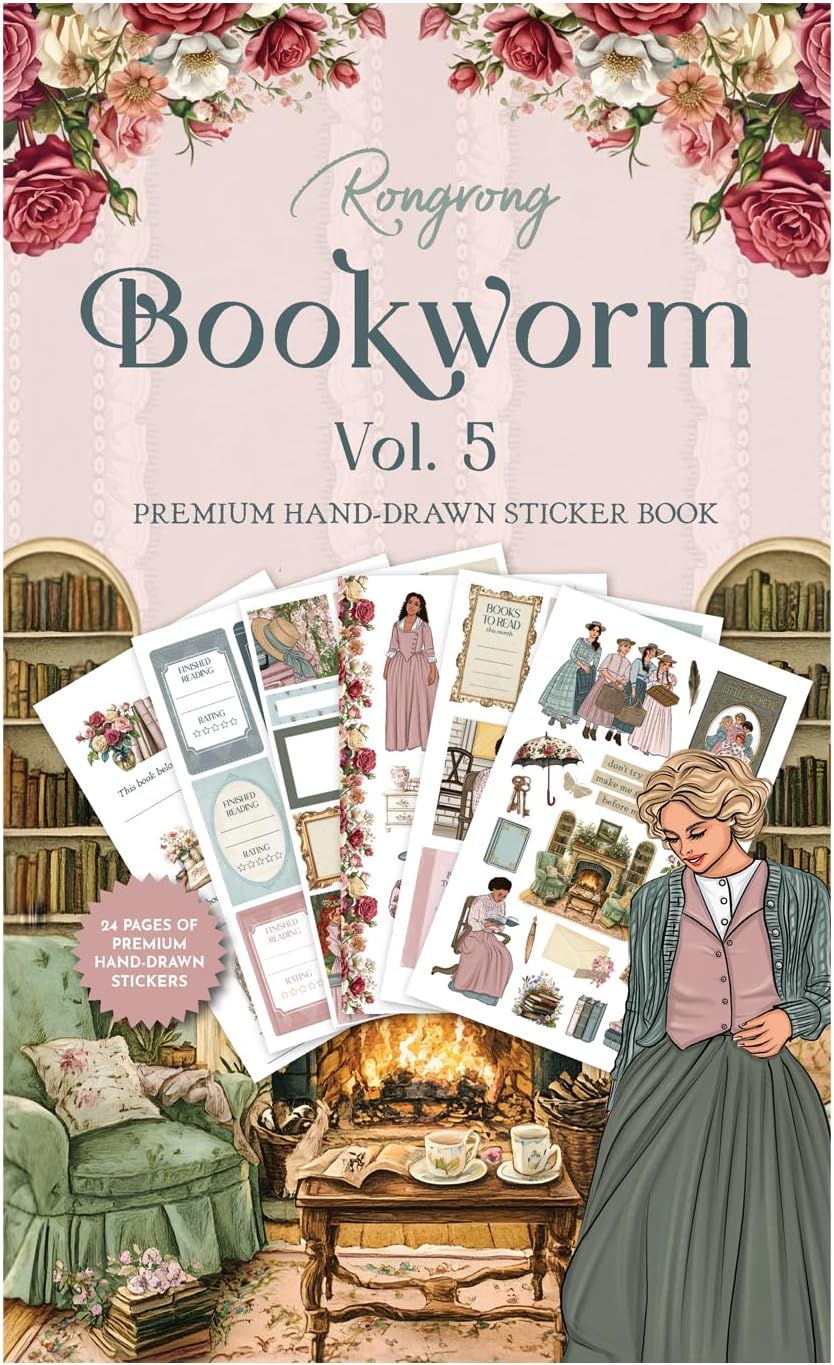 Rongrong Bookworm 5 Sticker Book for Planners, Calendars and Journals – Premium Quality Hand Drawn Perfect for Book Lovers – Scrapbook Accessories – 24 Pages