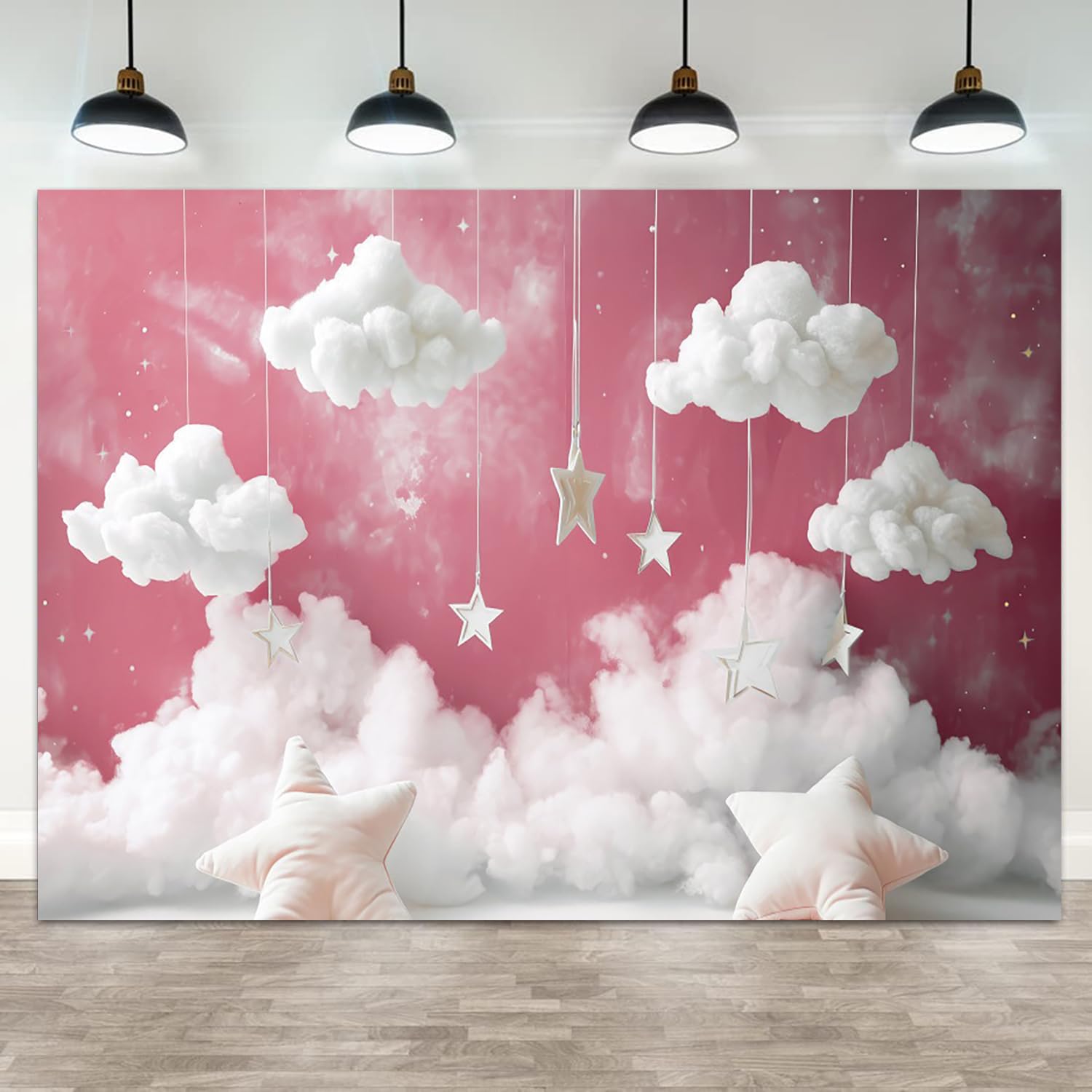 ASDCXZ 7x5ft Cloud Backdrop Sky Starry Star White Pink Photography Background Baby Shower Banner for Girl Baby Birthday Party Decoration Newborn