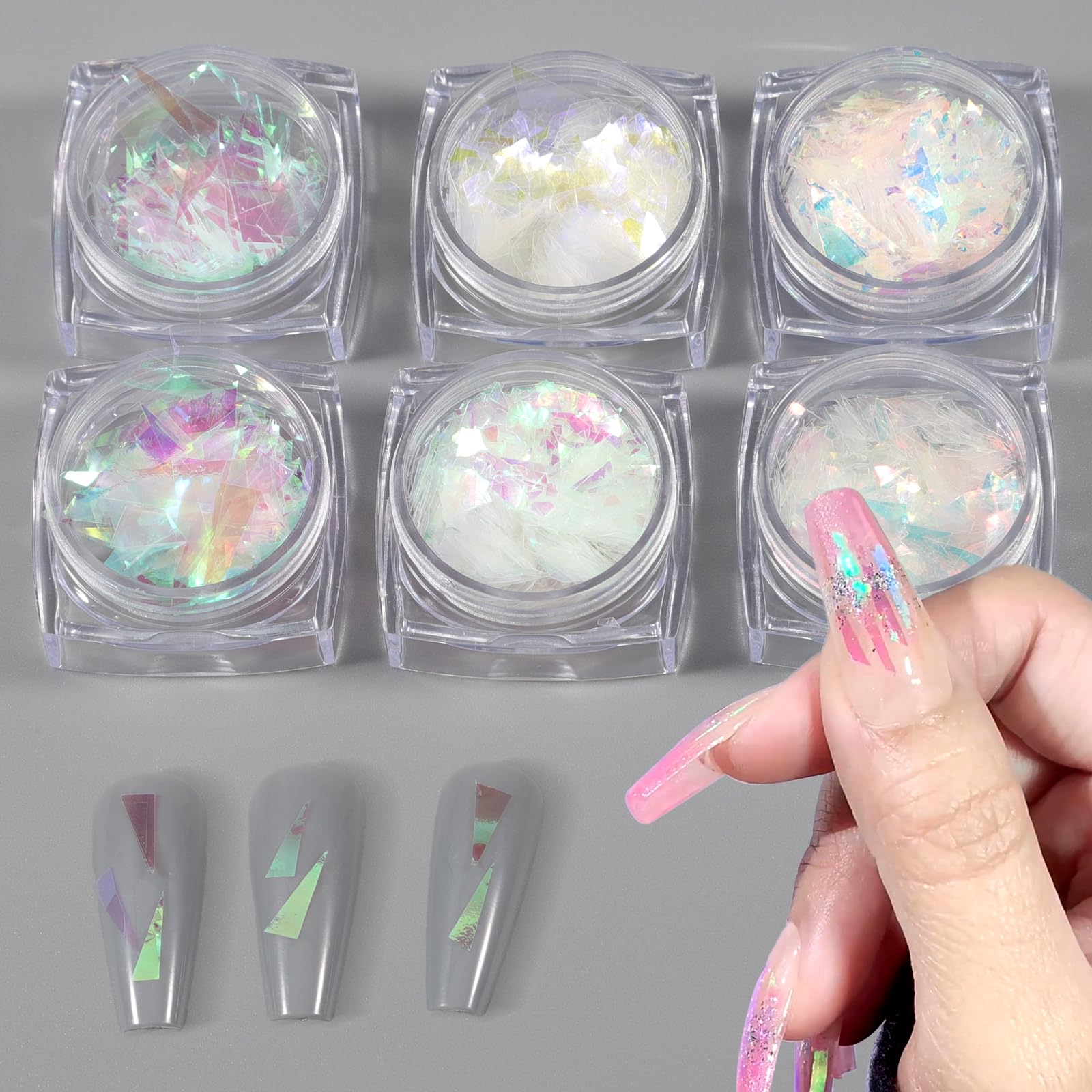 XEAOHESY 6 Boxes Gradient Aurora Glass Paper Nail Sticker Foil Nail Art Holographic Multi-Color Glass Reflective Mirror Design Broken Glass Stripe