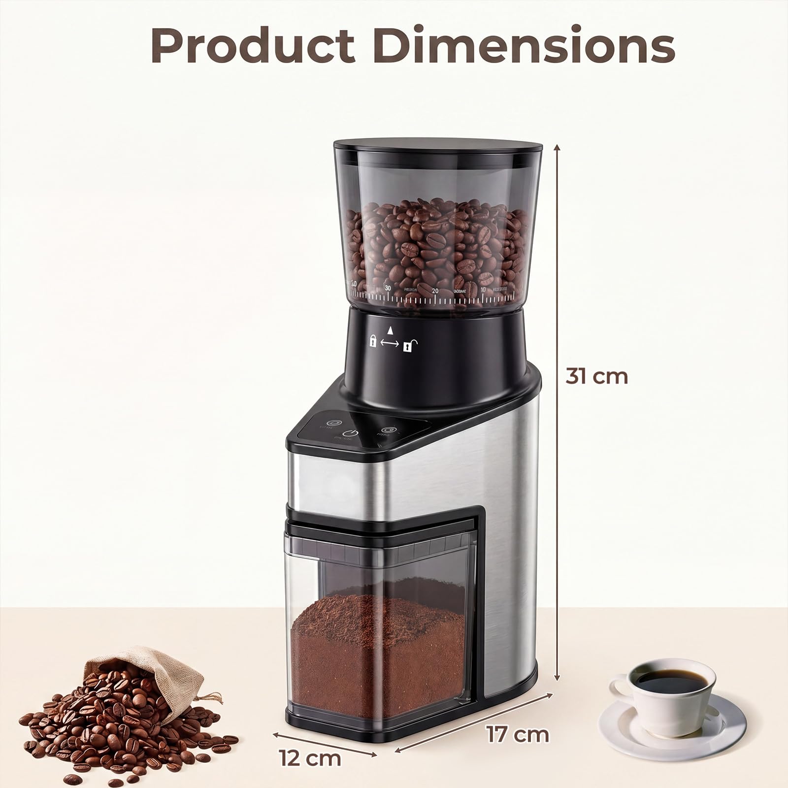 LIFEZEAL Molinillo de café eléctrico con cono, 60 niveles, 1-8 tazas, molinillo eléctrico de 150 W con tolva de 250 g, antiestático, silencioso, para expreso, goteo y prensa francesa, para casa y