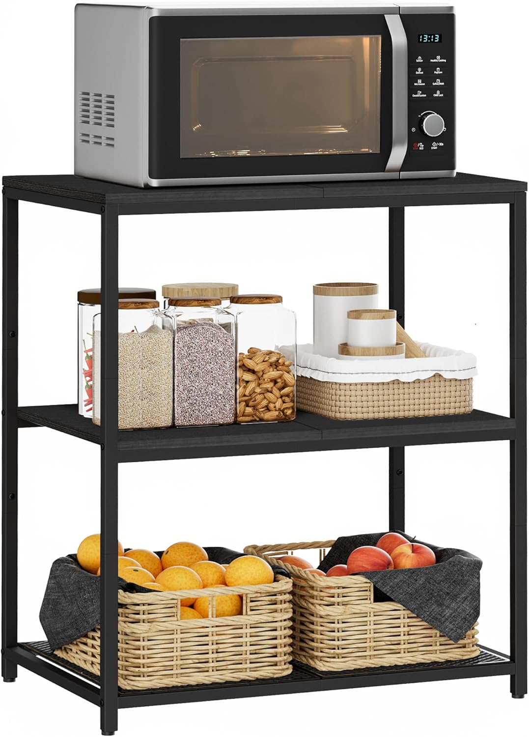 Kitchen Island with 3 Shelves, Kitchen Shelf with Large Workstation, Bakers Rack, Workbench, Metal Frame, Black