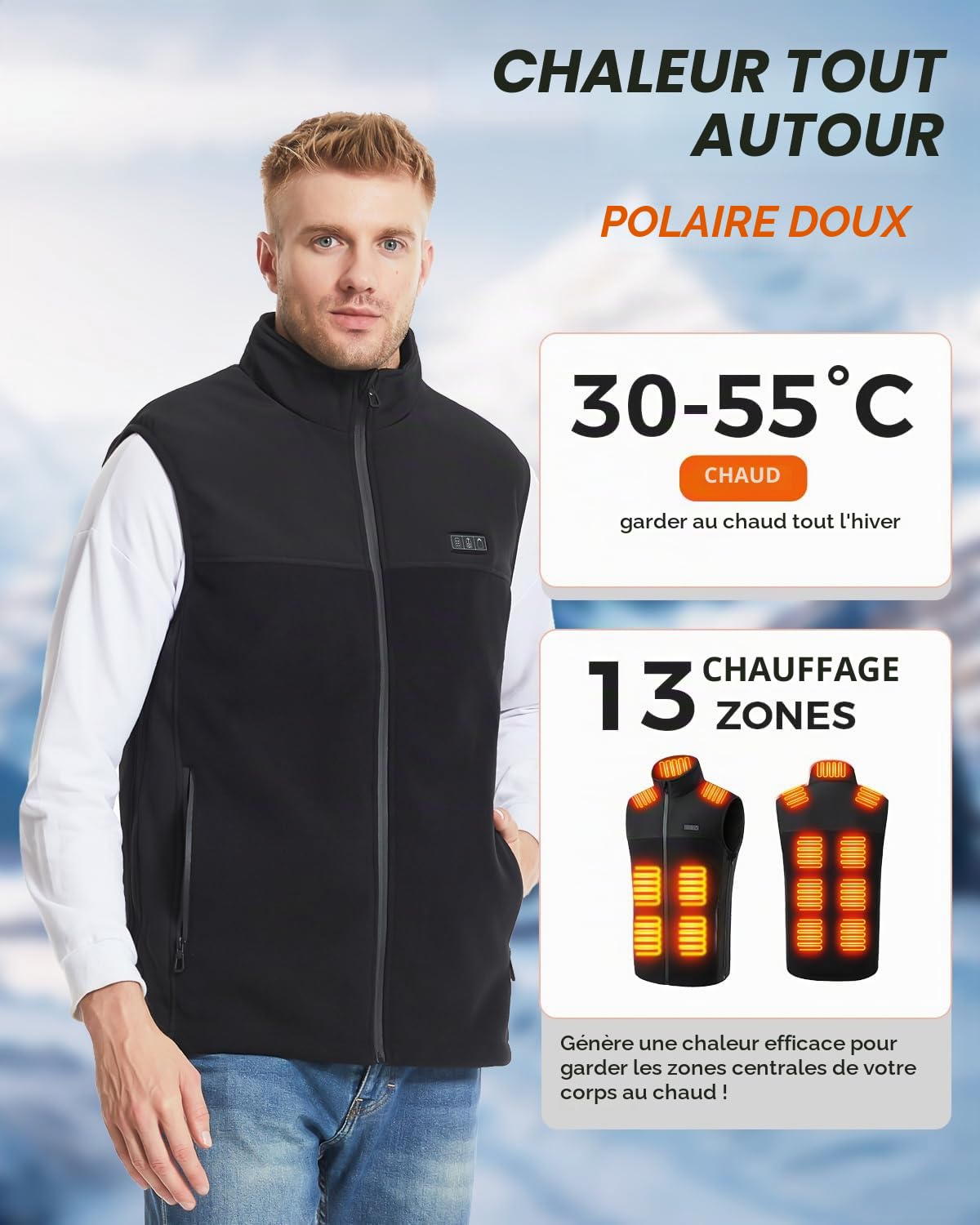 Gilet Chauffant Homme Femme,Électrique Veste Chauffante avec Batterie avec 3 Températures et 13 Zones de Chauffage Indépendantes Chauffante Hiver Vêtement